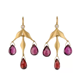 22K Gold Flexible Wheat Earrings with Garnet Drops