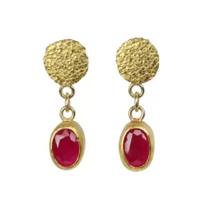 22K Gold Oval Pink Ruby Earrings with Silk Textured Disc Posts