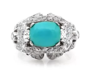 Art Deco 4.03ct Old European Diamond Turquoise Antique Vintage Platinum Ring