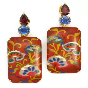 Silvia Furmanovich - Drop Earrings with Lotus Flowers Marquetry, Garnet, Kyanite and Diamonds, 18k Yellow Gold